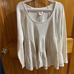 Anthropologie White Ribbed Peplum Long Sleeve Blouse